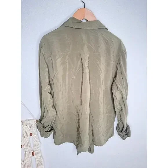 Michael By Michael Kors Shirt Womens Sz S Olive Green Button Tie Front Utility - Picture 3 of 7
